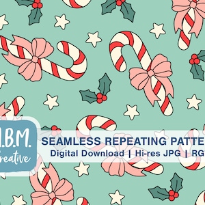 May include: A seamless repeating pattern featuring candy canes with pink bows, holly leaves, and white stars on a light blue background. The text "SEAMLESS REPEATING PATTERN" is at the bottom of the image.  Digital Download | Hi-res JPG | RGB