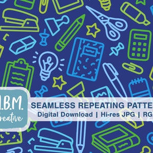 May include: A seamless repeating pattern featuring various school supplies, including a pencil, stapler, scissors, rubber, lightbulb, calculator, notebook, and paper clips. The pattern is on a dark blue background with green and blue accents.