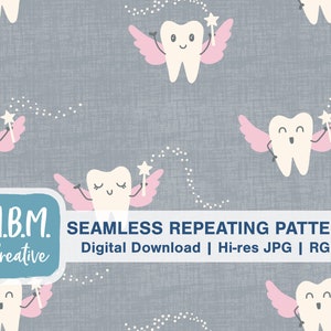 Kawaii Tooth Fairies in Pink & Gray Seamless Repeat Pattern for Commercial Use, Cute Dental Hygienist Dentist Digital Download