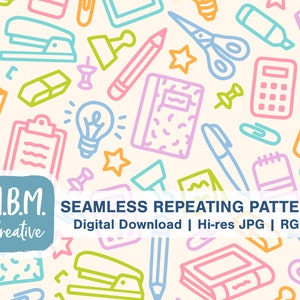 School Chunky Doodles in Pastels Seamless Repeat Pattern Commercial Use, Kids Back to School, Teacher Seamless, Girl School Supplies