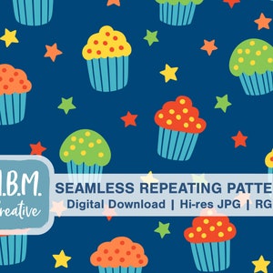 Cupcakes & Stars: Bold Colors on Blue Seamless Repeat Pattern Commercial Use, Birthday Boy Party Seamless File, Dessert Digital Download