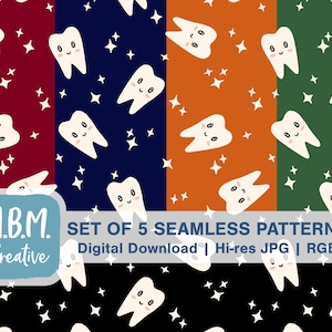 Sparkling Clean Kawaii Teeth Bundle: 5 Patterns in Dark Colors, Seamless Repeat Pattern Set, Cute Dental Hygienist Dentist Digital Download