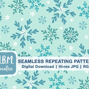 May include: Seamless repeating pattern digital download featuring a light blue background with white and blue snowflakes. The text "M.B.M. Creative" is in a blue square at the bottom left of the image. The text "SEAMLESS REPEATING PATTERN" is in blue at the bottom center of the image. The text "Digital Download | Hi-res JPG | RGB" is in blue at the bottom center of the image.