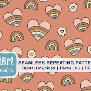 Rainbow Hearts Muted Color Seamless Repeat Pattern Commercial Use, Valentine&#39;s Day Love Seamless File, Hearts and Rainbow Digital Download