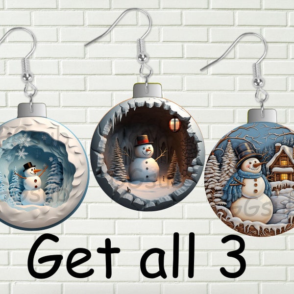 Winter bulb earring digitals, Christmas ornament, or wall hangers, winter earrings, Christmas tier tray, snowmen bundle of 3 digitals