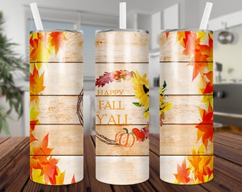 Fall Tumbler Sublimation Design, Autumn Leaves, Pumpkin (Digital Download)