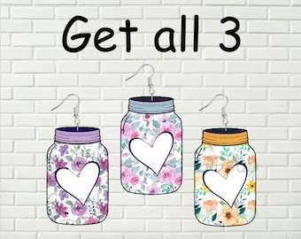 Mason floral heart digital design for earrings, ornament, or wall hangers. mason jar earrings, floral mason jar heart design