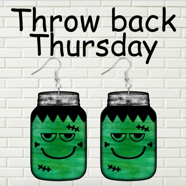 Throwback Thursday Frankenstein mason jar digital design for earrings, ornament, or wall hangers. mason jar earrings, mason jar tier tray
