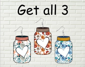 Mason floral heart digital design for earrings, ornament, or wall hangers. mason jar earrings, floral mason jar heart design
