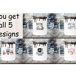 May include: Set of five white mugs with black and brown designs. The mugs have a chocolate-like drip effect on the side. The designs include text such as "Hot Cocoa Served Here", "Hot Chocolate Hug", "North Pole Hot Chocolate", and "Hot Chocolate Weather".