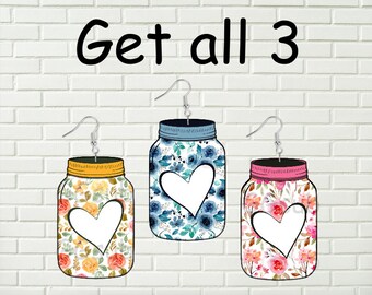 Mason floral heart digital design for earrings, ornament, or wall hangers. mason jar earrings, floral mason jar heart design