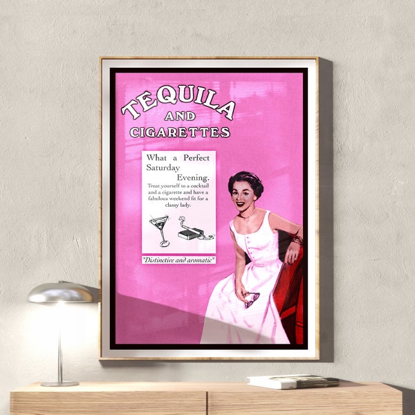 Tequila and Cigarettes Retro Print, Vintage Advert Pink Poster, Unique 1950s Art Print, Cool Funky Decor, Instant Digital Download Print JPG