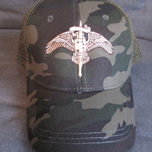 MARSOC Raider Woodland Camo Trucker Cap Snapback Hat Marine Corps Critical Skills Operator MOS 0372 MARSOF