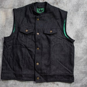 Black Denim Motorcycle Vest W Green Lining Etsy
