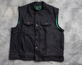 Black Denim Motorcycle Vest W/ Green Lining