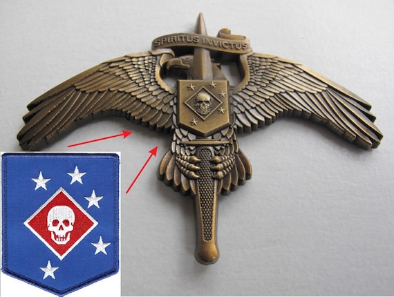 MARSOC Raider Badge With Skull Legacy Pin Antiqued Gold MOS 0372