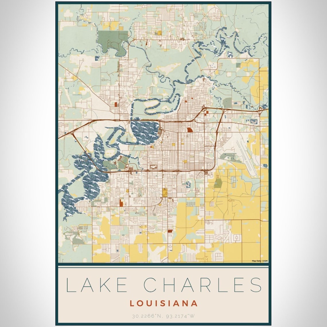 Lake Charles Louisiana Map Print in Woodblock Etsy