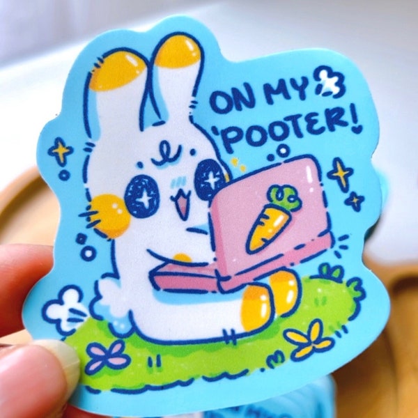 on my pooter puter computer rabbit bunny sticker vinyl matte glossy sticker funny kawaii cute