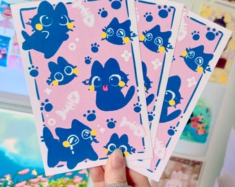 Blue Pink Kitten Kitty Cat Fish Matte Illustrated Cardstock Print
