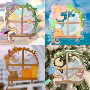 Cozy Cat & Window Clear Vinyl Sticker (Transparent) Spring Summer Fall Autumn Winter Variations