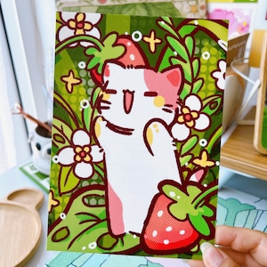 Strawberry Cat Kitty Kitten Kawaii Cute Illustrated Matte Print Cardstock