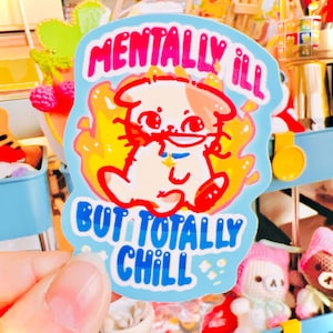 Sticker chaton kawaii rigolo, malade mental mais totalement froid