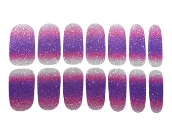 Purple Pink Silver Glitter Nail Wraps, Ombre Decals