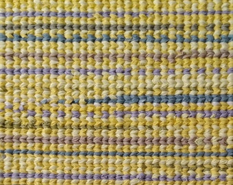 Handwoven Twined Rag Rug, 37" long x 25" wide, cotton & polyester, reversible, washable, yellow w/olive, lavender, tan and blue stripes