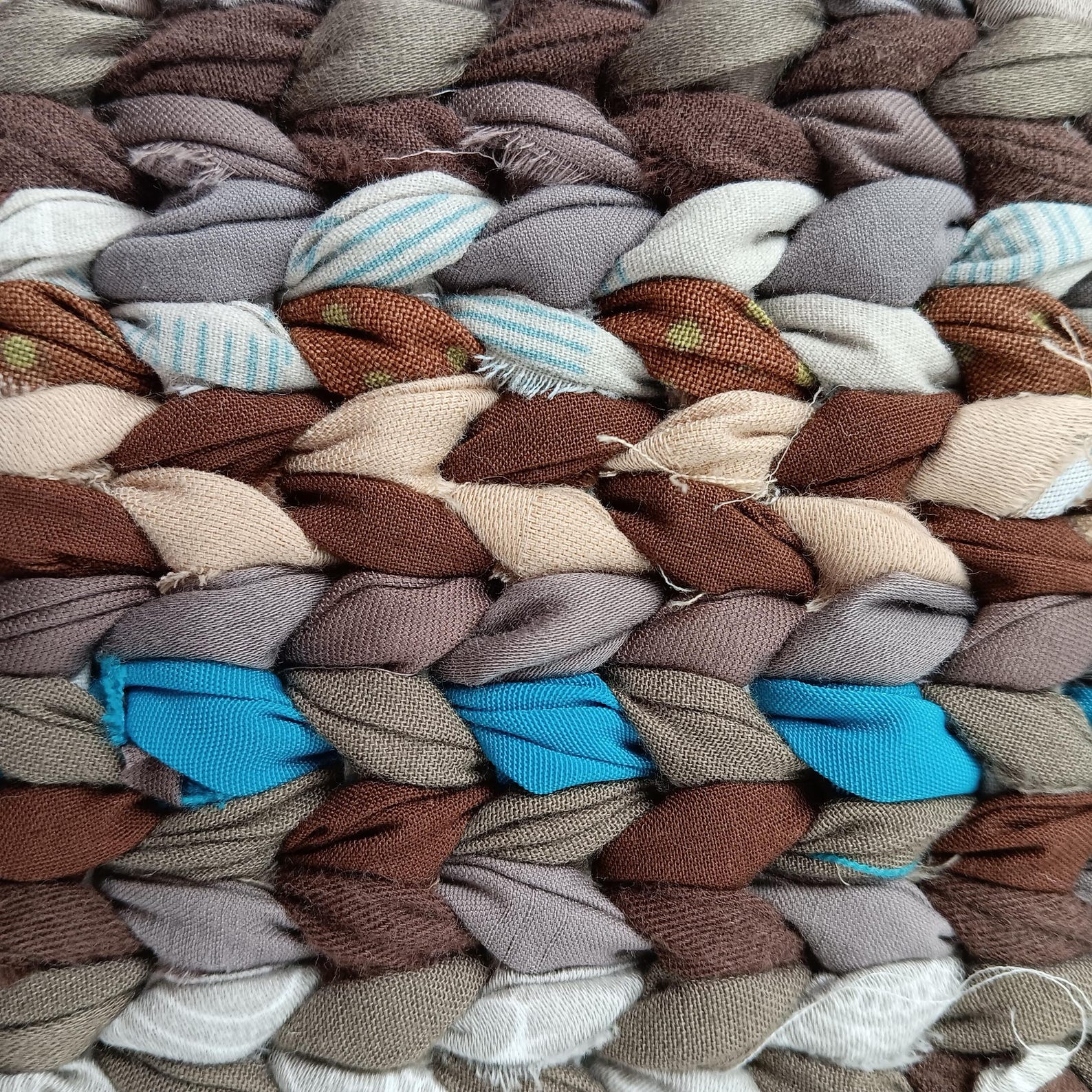 Upcycled Rag Handwoven Rag Rug: Upcycled Cotton Blend, Brown Beige & Blue (25.5