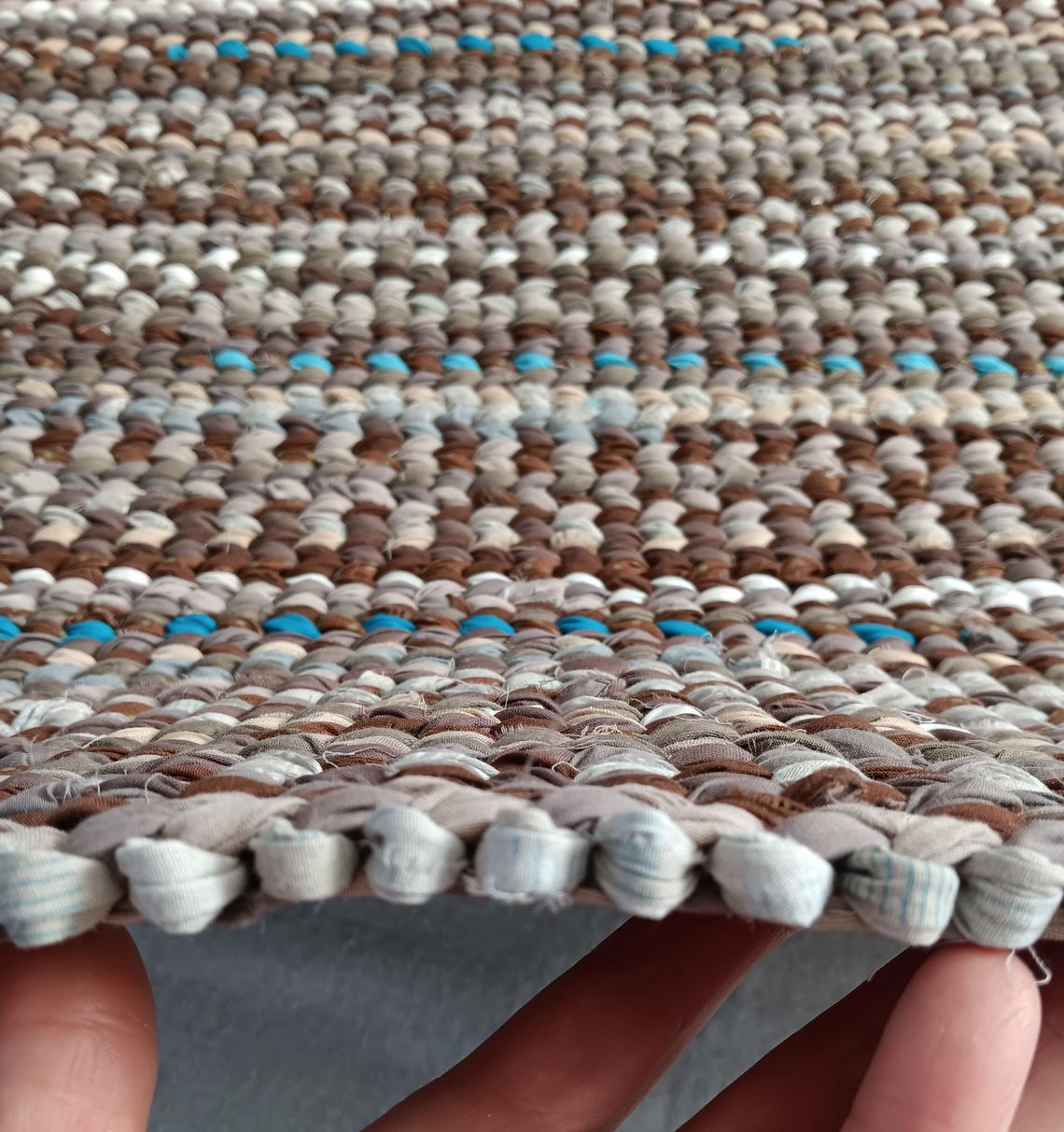 Upcycled Rag Handwoven Rag Rug: Upcycled Cotton Blend, Brown Beige & Blue (25.5