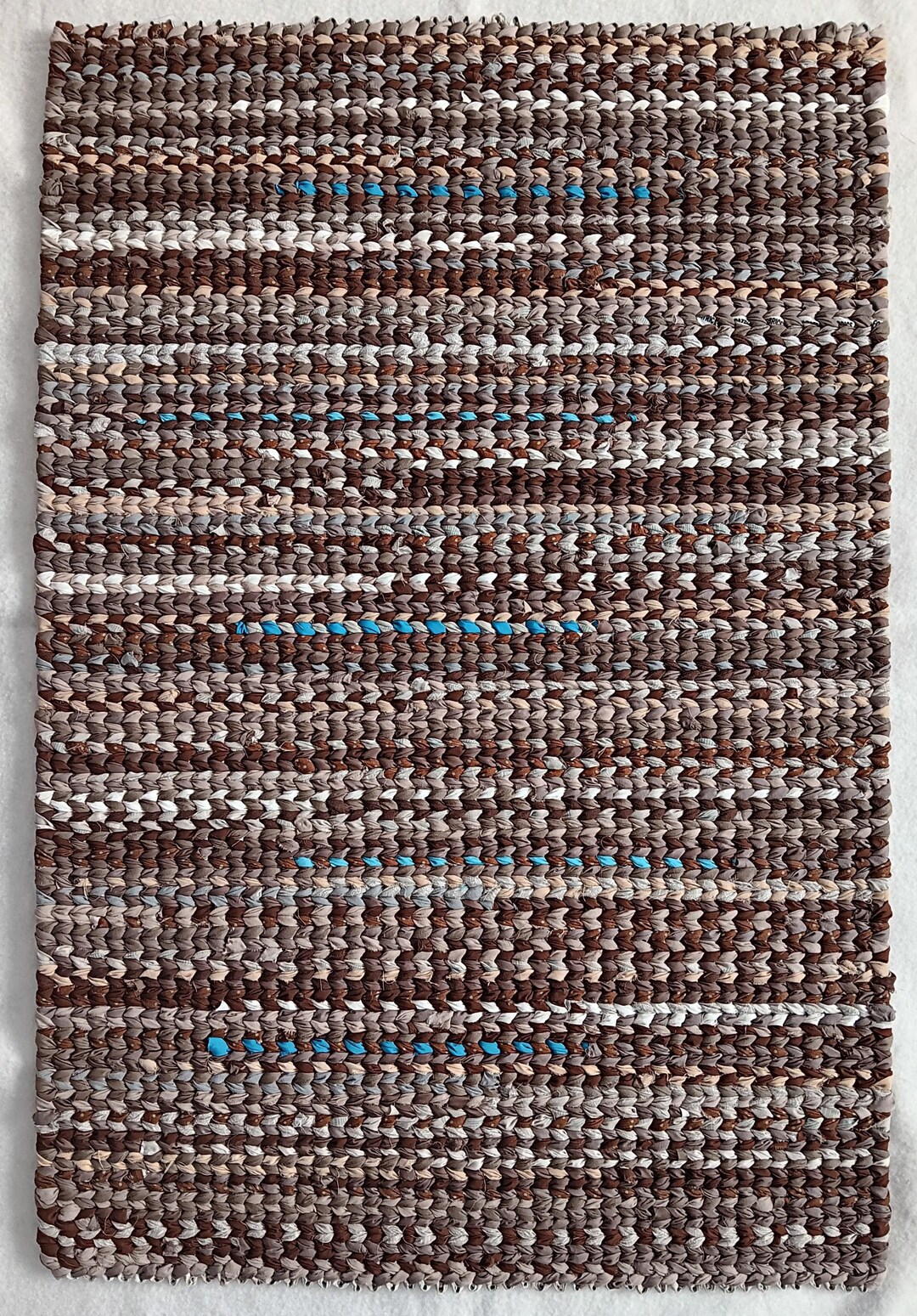 Brown Rag Rug Handwoven Rag Rug: Upcycled Cotton Blend, Brown Beige & Blue (25.5
