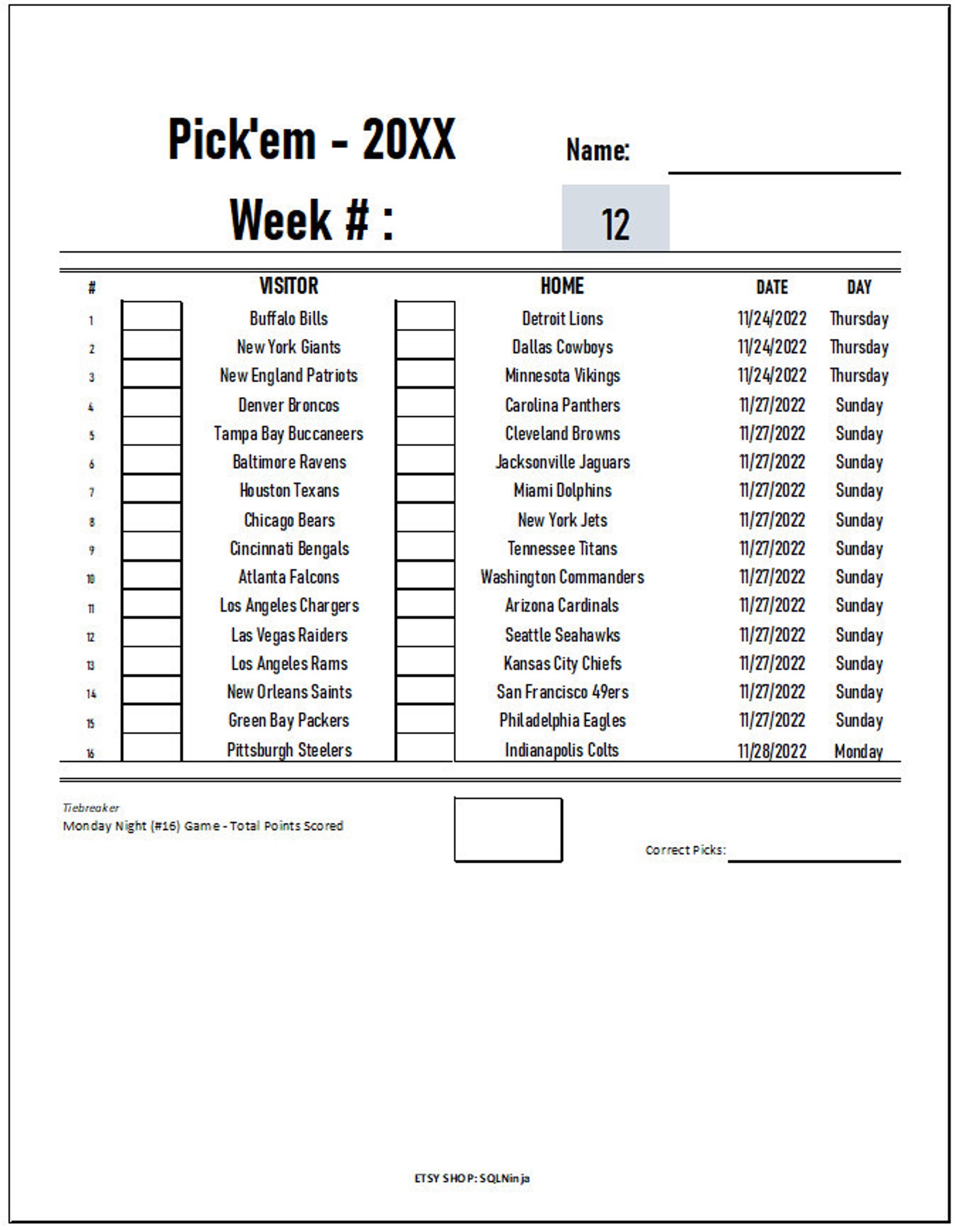 Excel Football 20222023 Pick'em Template Etsy