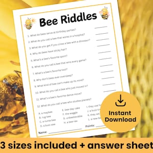 Könnte beinhalten: Ein druckbares Arbeitsblatt zum Thema Bienen mit 12 Rätseln rund um Bienen und einem Multiple-Choice-Antwortenschlüssel. Das Arbeitsblatt zeigt eine Cartoon-Bienenillustration und den Text "Bee Riddles".