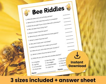 Bee riddles game, printable honeybee game for kids and adults, bee day classroom activity, bee themed birthday party game, baby shower game.