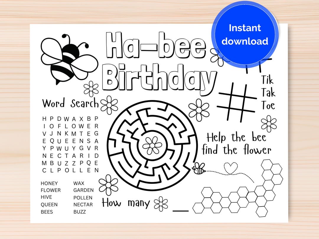 Birthday Coloring and Activity Placemat Sheet for Kids, Bee Themed ...