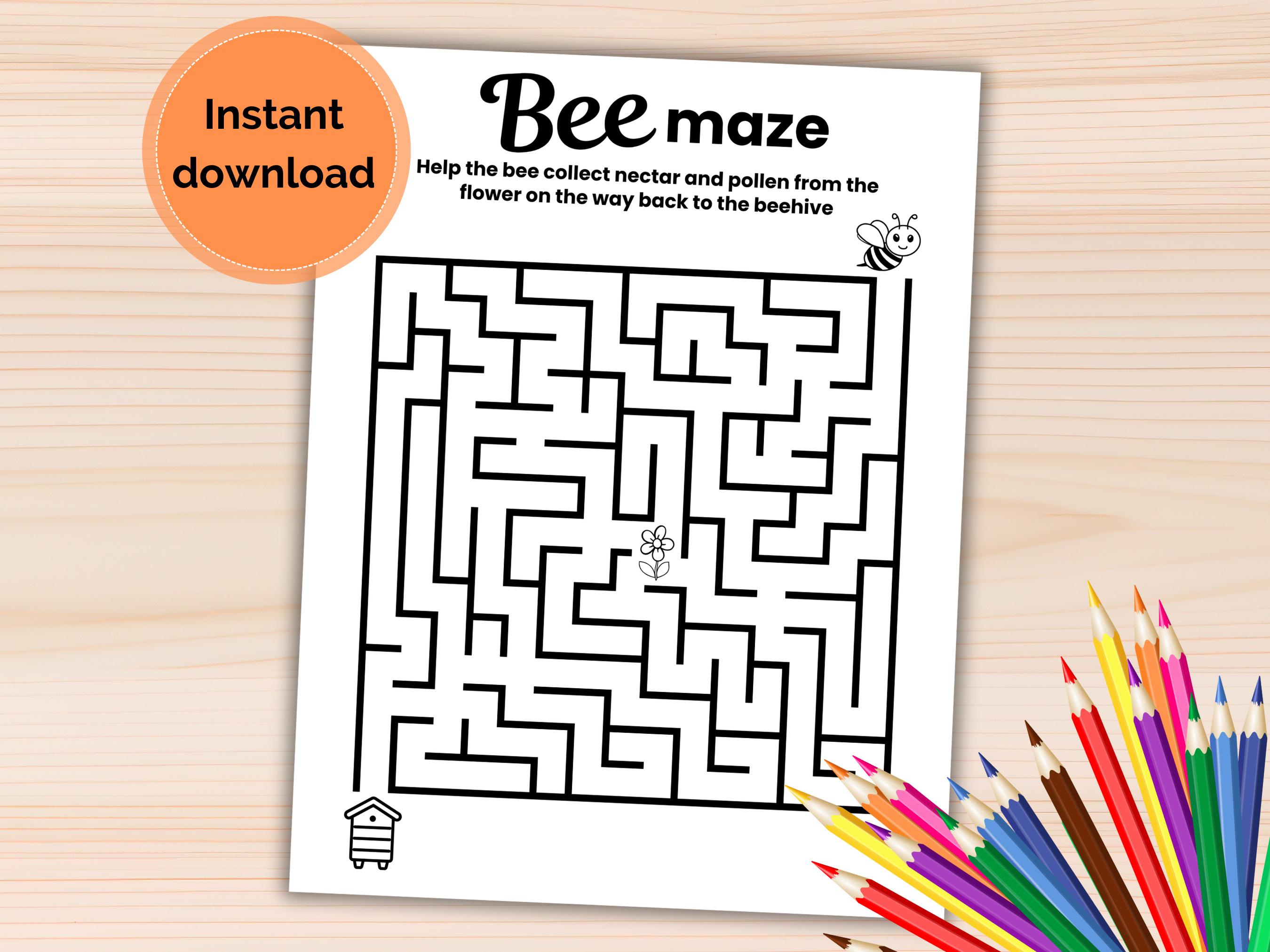 Bee Maze Printable, Bee Maze Activity for Kids, Maze Worksheet, Maze ...
