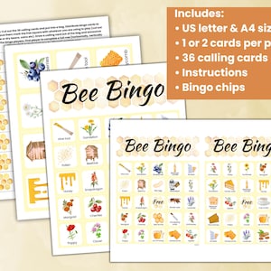 May include: Bee Bingo game with 36 calling cards, instructions, and bingo chips. The game features a yellow and white honeycomb design with bee-themed illustrations. The game includes two bingo cards with a free space in the centre.