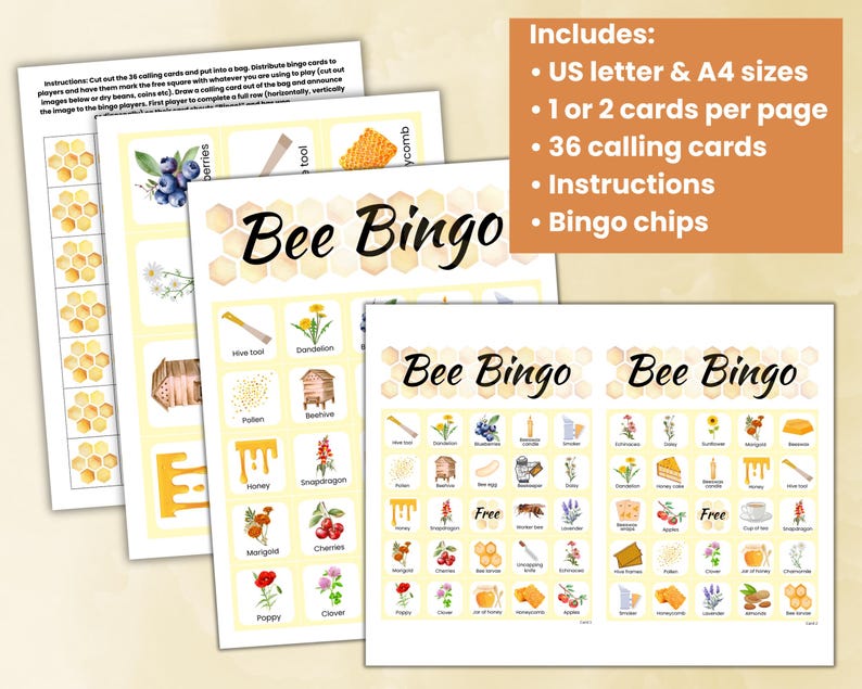 May include: Bee Bingo game with 36 calling cards, instructions, and bingo chips. The game features a yellow and white honeycomb design with bee-themed illustrations. The game includes two bingo cards with a free space in the centre.