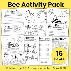 May include: A Bee Activity Pack with 16 pages of educational activities for children aged 6-10. The pack includes coloring pages, mazes, word scrambles, and more, all with a bee theme. Includes US letter and A4 sizes.
