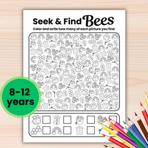 Może przedstawiać: Czarno-biała karta aktywności "Seek & Find Bees" dla dzieci w wieku 8-12 lat. Karta zawiera siatkę ilustracji o tematyce pszczół, z miejscem na zapisanie liczby znalezionych obrazków. Widoczne są kredki.