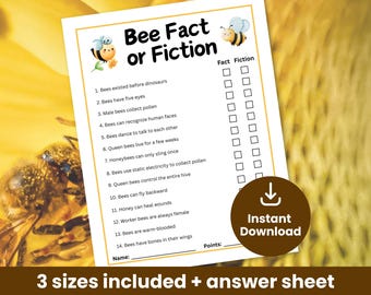 Bee fact or fiction game, printable honeybee game for kids and adults, bee day classroom activity, bee themed birthday party game.