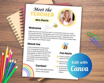 Editable meet the teacher template, back to school newsletter, meet the teacher flyer, teacher introduction, welcome letter to parents.