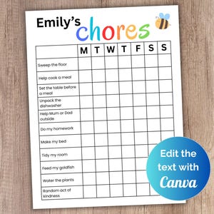 Editable chore chart, kids daily chore chart printable, weekly chore chart, responsibility chart, routine chart, customizable chore list