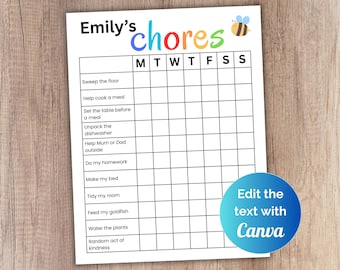Editable chore chart, kids daily chore chart printable, weekly chore chart, responsibility chart, routine chart, customizable chore list