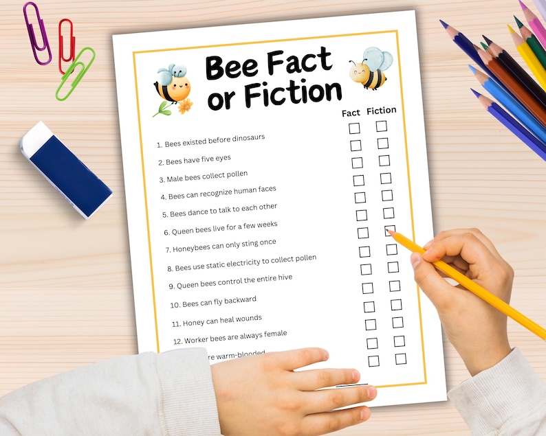 May include: A printable bee fact or fiction game with 12 questions and a fact or fiction column with check boxes. The game features a cartoon bee illustration.