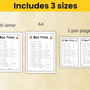 May include: Bee Trivia printable game in three sizes: US Letter, A4, and 2 per page. The game features 12 questions about bees with multiple choice answers.