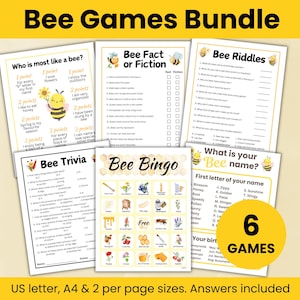 Puede incluir: Un conjunto de seis juegos con temática de abejas para niños. Los juegos incluyen: ¿Quién es más como una abeja?, Abeja: hecho o ficción, Adivinanzas de abejas, Trivia de abejas, Bingo de abejas y ¿Cuál es tu nombre de abeja? Los juegos están impresos en papel amarillo con ilustraciones de abejas.