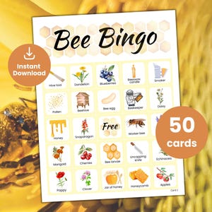 Könnte beinhalten: Bienen-Bingo-Spiel mit 50 Karten. Jede Karte hat ein 5x5-Raster mit Bildern rund um Bienen und Imkerei, wie z. B. einen Bienenstock, Honig und einen Imker. Das freie Feld in der Mitte des Rasters lautet "Free".