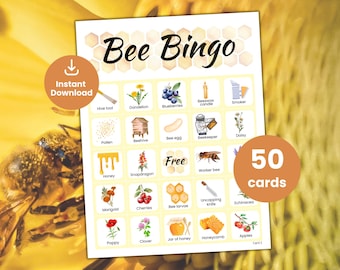 Juego de bingo de abejas, 50 tarjetas de bingo imprimibles, juego de fiesta de cumpleaños de abejas, actividad de aula del día de las abejas, unidad de estudio de abejas melíferas, fiesta del apicultor en el colmenar.