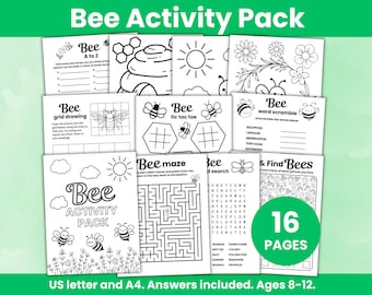 Bee activity pack, bee birthday party games, printable bee activities, activity pack for kids, world bee day activity, ages 8-12 years.